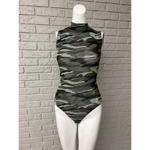 Derek Heart Women High Neck Mesh Camo Bodysuit Size S